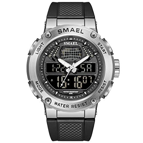 Boosns Herrenuhr Digital Sport Outdoor Uhren Militär Wasserdicht Wasserdicht LED Elektronik Licht Analog Quarz Double Zeit Alarm Datum Stoppuhr Plastik Armbanduhr (Silbrig) von Boosns