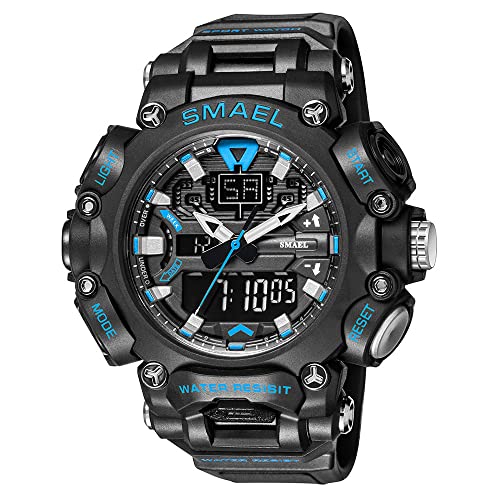 Boosns Herrenuhr Digitaluhr Sport Outdoor Militär Wasserdicht Uhren LED Elektronik Licht Quarz Double Zeit Alarm Datum Stoppuhr Plastik Armbanduhr (Schwarz Blau) von Boosns