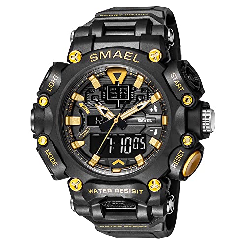 Boosns Herrenuhr Digitaluhr Sport Outdoor Militär Wasserdicht Uhren LED Elektronik Licht Quarz Double Zeit Alarm Datum Stoppuhr Plastik Armbanduhr (Schwarzes Gold) von Boosns