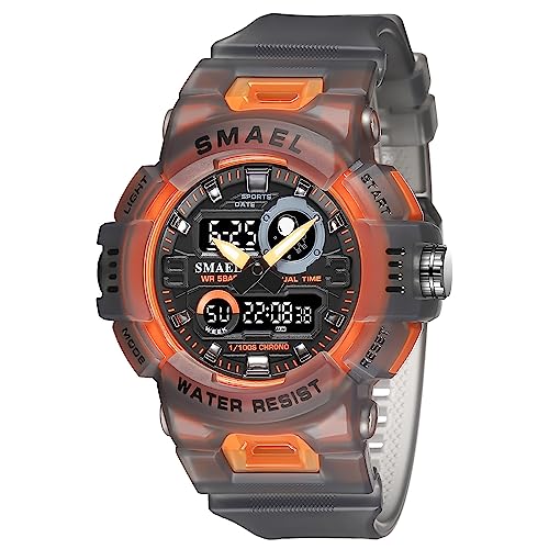 Boosns Herrenuhr Digitaluhr Sportuhr LED Elektronik Licht Analog Quarz Double Zeit Uhren Alarm Datum Stoppuhr Plastik Outdoor Militär Wasserdicht Uhren (Grau Orange) von Boosns