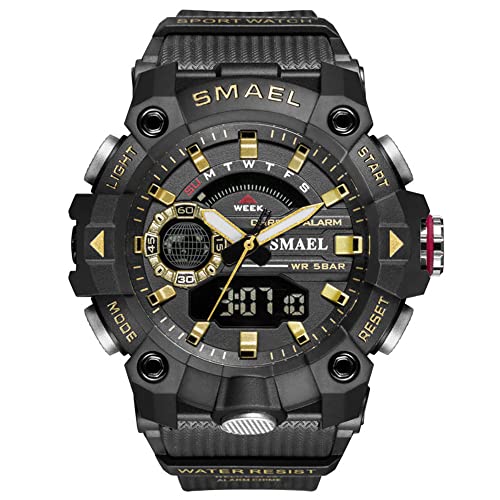 Boosns Herrenuhr Digitaluhr Sportuhr Plastik Outdoor Militär Wasserdicht Uhren LED Elektronik Licht Analog Quarz Double Zeit Uhren Alarm Datum Stoppuhr (Schwarzes Gold) von Boosns