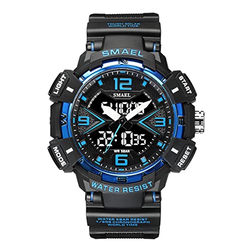 Boosns Herrenuhr Wasserdicht Digital Sport Outdoor Militär Uhren LED Elektronik Licht Analog Quarz Double Zeit Alarm Datum Stoppuhr Plastik Uhren Multifunktional Armbanduhr (Schwarz Blau) von Boosns