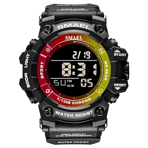 Boosns Herrenuhr Wasserdicht Digitaluhr Sportuhr Damen Run Fitness Outdoor Uhren LED Elektronik Alarm Datum Stoppuhr Plastik Armbanduhr (Schwarz, rot und gelb) von Boosns