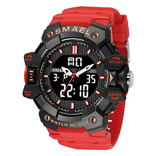 Boosns Herrenuhr Wasserdicht Digitaluhr Sportuhr Outdoor Militär LED Elektronik Licht Analog Quarz Double Zeit Alarm Datum Stoppuhr Plastik Uhren Multifunktional Uhren (Rot) von Boosns