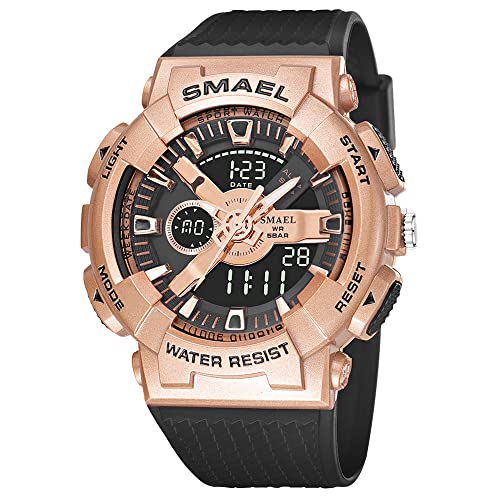 Boosns Herrenuhr Wasserdicht Uhr Outdoor Militär Digitaluhr Sportuhr LED Elektronik Analog Quarz Double Zeit Uhren Alarm Datum Stoppuhr Armbanduhr (Roségold) von Boosns