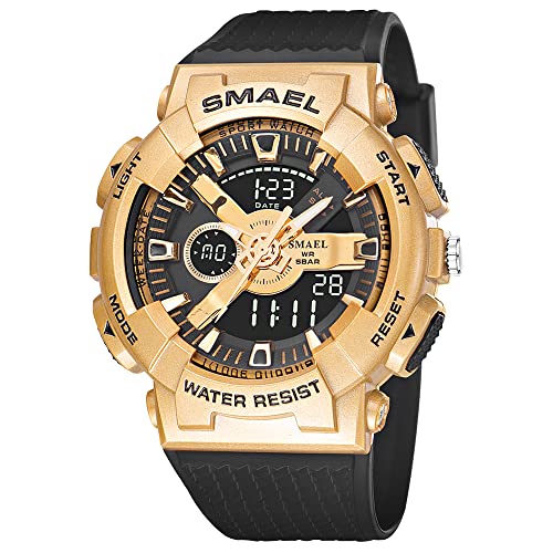 Boosns Herrenuhr Wasserdicht Uhr Outdoor Militär Digitaluhr Sportuhr LED Elektronik Analog Quarz Double Zeit Uhren Alarm Datum Stoppuhr Armbanduhr (Schwarzes Gold) von Boosns