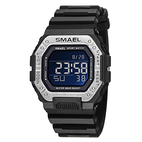 Boosns Unisex Digital Sport Wasserdicht Uhren Outdoor Militär LED Elektronik Alarm Datum Stoppuhr Plastik Multifunktional Run Fitness Cool Uhren (Schwarzes Silber) von Boosns