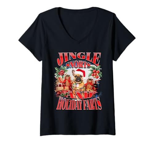 Damen Jingle Snorts Holiday Farts Weihnachten Französische Bulldogge Lustig T-Shirt mit V-Ausschnitt Damen Jingle Snorts Holiday Farts Weihnachten Französische Bulldogge Lustig T-Shirt mit V-Ausschnitt von Bootleg Frenchie Humor Holiday Dog Owner Joke