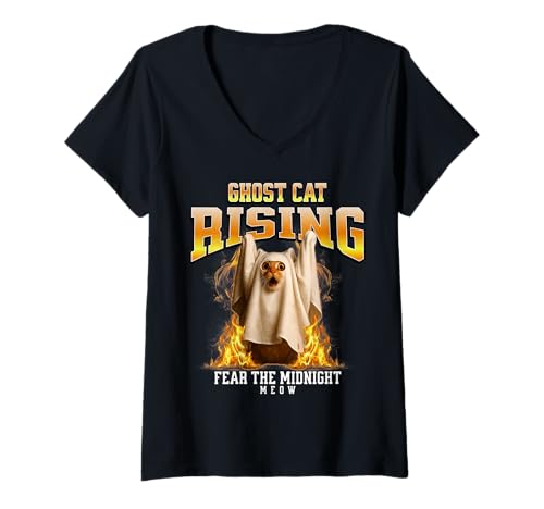 Damen Ghost Cat Rising Lustiges Meme-Bootleg Halloween-Kätzchen T-Shirt mit V-Ausschnitt Damen Ghost Cat Rising Lustiges Meme-Bootleg Halloween-Kätzchen T-Shirt mit V-Ausschnitt von Bootleg Ghost Cat Meme Apparel