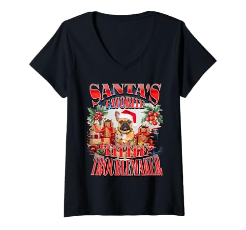 Damen Santa Frenchie Troublemaker Weihnachten Französische Bulldogge Hässlich T-Shirt mit V-Ausschnitt von Bootleg Holiday Frenchie Claus Funny Quote