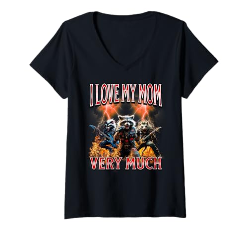 Damen Mom Waschbär Lustiger Muttertag Metall I Love Mom Meme T-Shirt mit V-Ausschnitt Damen Mom Waschbär Lustiger Muttertag Metall I Love Mom Meme T-Shirt mit V-Ausschnitt von Bootleg Raccoon Skunk Opossum Metal Meme For Mom