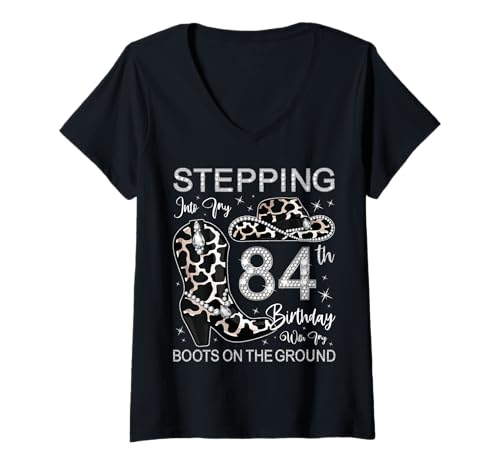 Damen Ich trete in Meinen 84. Geburtstag mit Meinen Stiefeln auf dem Boden T-Shirt mit V-Ausschnitt Damen Ich trete in Meinen 84. Geburtstag mit Meinen Stiefeln auf dem Boden T-Shirt mit V-Ausschnitt von Boots On The Ground Birthday Leopard Boots Style