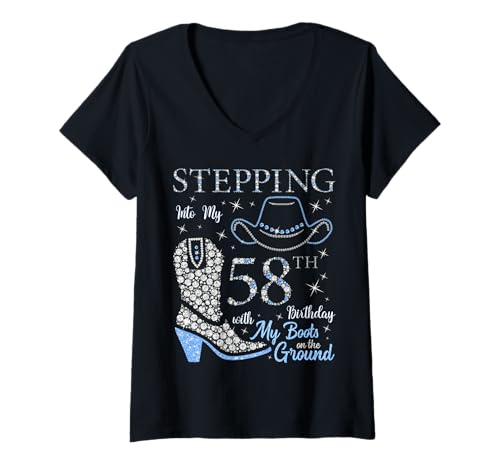 Damen Ich trete in Meinen 58. Geburtstag mit Meinen Stiefeln auf dem Boden T-Shirt mit V-Ausschnitt von Boots On The Ground Birthday Party Blue Style