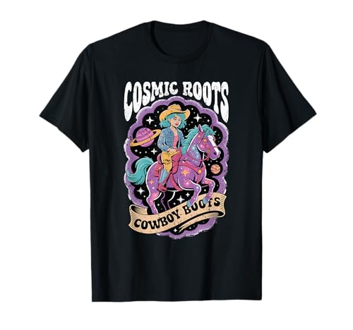 Cosmic Roots Cowboystiefel Retro Mädchen Pferd Space Western T-Shirt Cosmic Roots Cowboystiefel Retro Mädchen Pferd Space Western T-Shirt von BootsBeyond