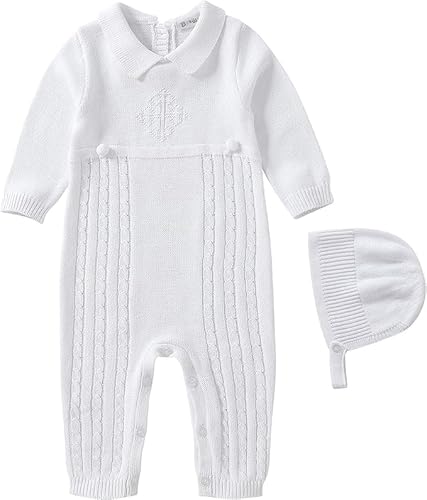 Baby Boy Strampler 3-6 Monate Taufe Taufe Outfits für Jungen Neugeborenes Baby gestrickt Pullover Herbst Winter Weiß Langarm Seite Snap Onesies Baby Fotoshooting Anzüge Kleidung mit Taufe Hüte von Booulfi