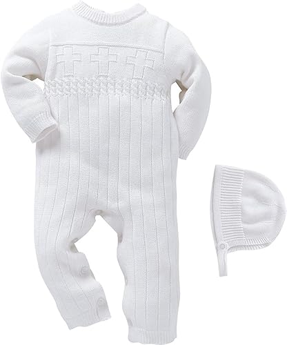 Baby Boy Strampler 3-6 Monate Taufe Taufe Outfits für Jungen Neugeborenes Baby gestrickt Pullover Herbst Winter Weiß Langarm Seite Snap Onesies Baby Fotoshooting Anzüge Kleidung mit Taufe Hüte von Booulfi