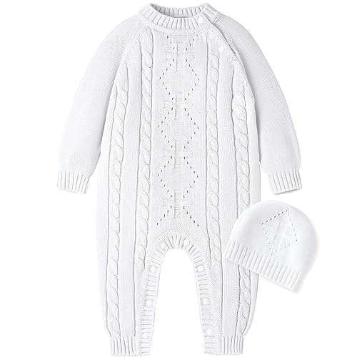 Booulfi Baby Boy Strampler 3-6 Monate Taufe Taufe Outfits für Jungen Neugeborenes Baby gestrickt Pullover Herbst Winter Weiß Langarm Seite Snap Onesies Baby Fotoshooting Anzüge Kleidung mit Taufe Hüte von Booulfi