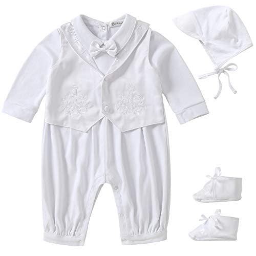 Booulfi Baby Boys' Taufe Kleidung 4PCS Hochzeit Party Formal Anzug mit Kreuz Stickerei lange Ärmel Strampler, Fliege, Hut und Schuhe von Booulfi