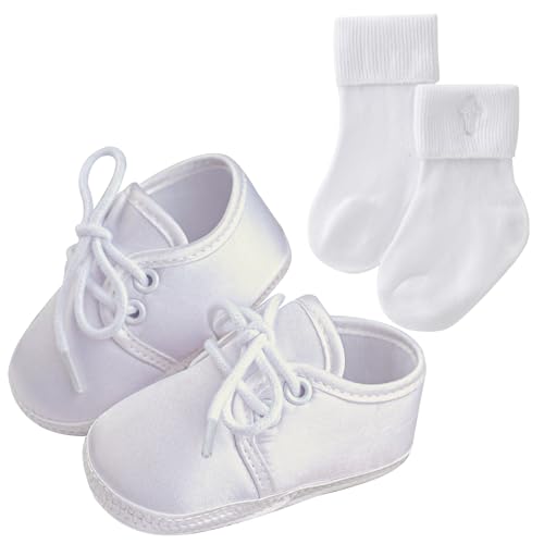 Booulfi Baby Jungen Schuhe Neugeborene Wihte Schuhe für Kleinkind Taufe Schuhe und Socken Set 6-9M von Booulfi