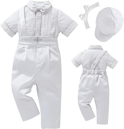 Booulfi Baby Jungen Taufkleidung Baumwollstoff Taufanzug 4 Teiliges Weiß Mit Fliege Oberhemd Hut Unterhosen Hose,12-18M von Booulfi