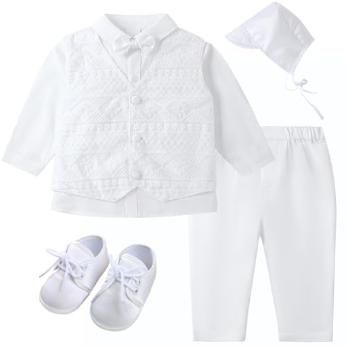 Booulfi Taufanzug Junge Baby Taufkleid Taufanzug Junge Anzug Baby Jungen Bekleidungs Taufe Geschenk Gentleman Set mit weißen Hemden Weste Hosen Schuhe Kappe 3-4 Jahre von Booulfi