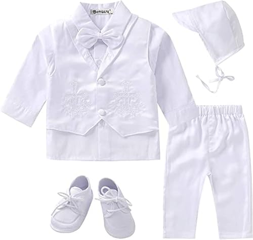 Booulfi Taufanzug Junge Baby Taufkleid Taufanzug Junge Anzug Baby Jungen Bekleidungsset Gentleman Set mit weißen Hemden Weste Hosen Schuhe Kappe, Taufe Geschenk, 3-6M von Booulfi