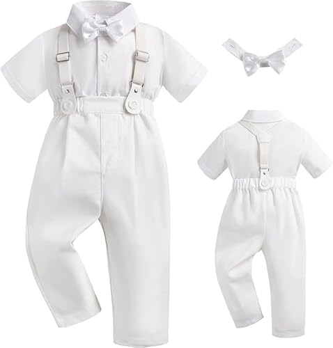 Booulfi Taufe Outfits für Jungen, Baby Boy Anzüge Gentleman Hosenträger Outfit weiß Kirche Taufe Outfits mit Hemd Hose Fliege 3-18 M (Weiß-225, 3-6 M) von Booulfi