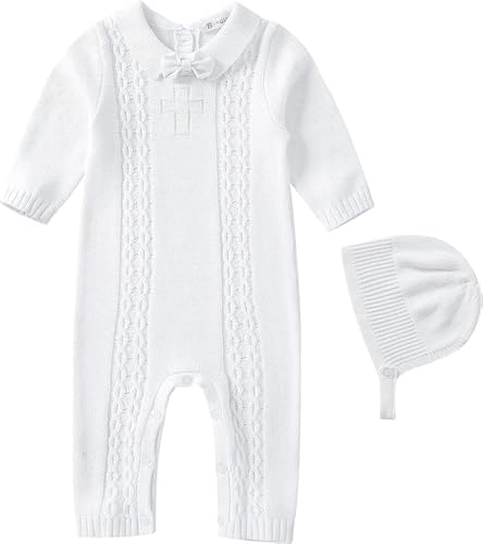 Booulfi Taufe Outfits für Jungen Baby Boy Strampler 0-3 Monate Neugeborenes Baby Pullover Weiß Langarm Onesies Herbst Winter gestrickt Baby Fotoshooting Kleidung mit Taufe Hüte von Booulfi