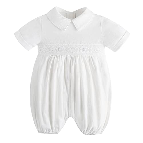 Booulfi Taufe Outfits für Jungen kurze Ärmel weiß Onesies Baby Bubble Romper Leinen Sommer Taufe Kirche Onesie Neugeborenes Coming Home Jumpsuit 6-9 Monate von Booulfi