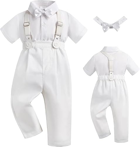 Booulfi Weißer Anzug für Jungen, Baby Boys' Taufe Kleidung Taufe Outfits, Kurzer Sommer Going Home Formal Kirche Gentleman mit Kleid Hemd Hose Fliege, Baby Boy Hosenträger Outfit 9-12 M von Booulfi