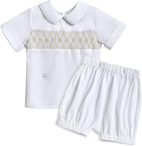 Taufe Outfits für Jungen, Baby Boy Taufe Kirche Widmung Outfits Gentleman Sommer kurze Ärmel Leinen weiß Anzug für Jungen Smocked Baby Boy Clothes 6-9 Monate von Booulfi