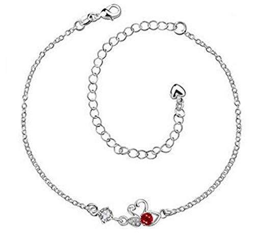 Boowhol Damen Mädchen Männer 925 Sterling Silber Herz Tropfen Zirkonia Fußkettchen Fußkette Verstellbar (Rot) von Boowhol