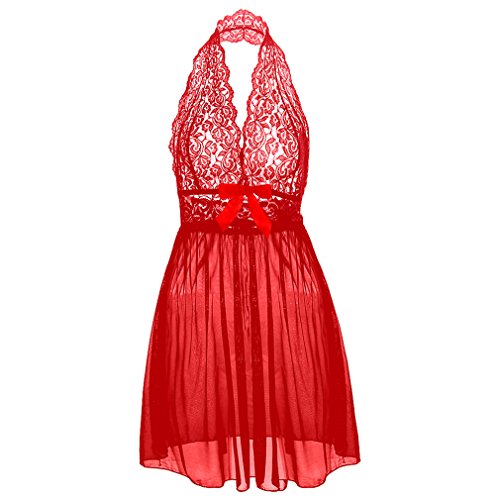 Boowhol Damen Reizwäsche Spitzenkleid Nachthemd Negligee Sexy Transparent Dessous-Sets Kleid Spitze Reizvoll Neckholder Babydolls mit Panties,Übergröße- größe L-5XL (4XL, Rot) von Boowhol