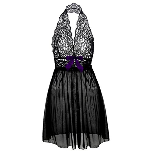 Boowhol Damen Reizwäsche Spitzenkleid Nachthemd Negligee Sexy Transparent Dessous-Sets Kleid Spitze Reizvoll Neckholder Babydolls mit Panties,Übergröße- größe L-5XL (4XL, Schwarz) von Boowhol