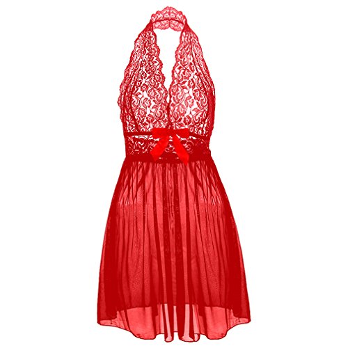 Boowhol Damen Reizwäsche Spitzenkleid Nachthemd Negligee Sexy Transparent Dessous-Sets Kleid Spitze Reizvoll Neckholder Babydolls mit Panties,Übergröße- größe L-5XL (5XL, Rot) von Boowhol