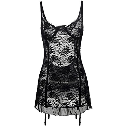 Boowhol Damen Reizwäsche Tief V-Ausschnitt Negligee Sexy Transparent Babydoll Dessous-Sets Kleid Spitze Reizvoll Babydolls Nachtmäntel Strumpfhalter mit String,Übergröße- größe S-5XL (5XL, Schwarz) von Boowhol