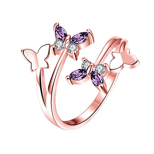 Boowhol Damen Ring 925 Sterling Silber Rose Gold Partnerringe Amethyst Zirkonia Fliegende Vier Schmetterling Öffenung Silberring Ewig Ring Bandring (Rose-Gold) von Boowhol