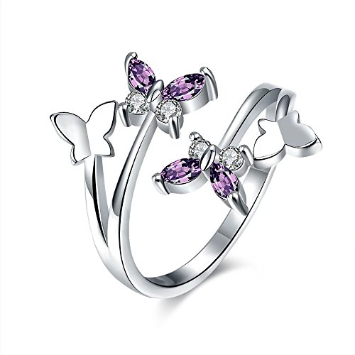 Boowhol Damen Ring 925 Sterling Silber Rose Gold Partnerringe Amethyst Zirkonia Fliegende Vier Schmetterling Öffenung Silberring Ewig Ring Bandring (Silber) von Boowhol