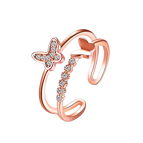 Boowhol Damen-Ring 925 Sterling Silber Schmetterling Blumen Trauringe Ringöffnung Diamant Doppelring Ring Verstellbar Verlobungsring Hochzeit Ringe Zirkonia zum Jahrestag Verlobung (Rosegold) von Boowhol