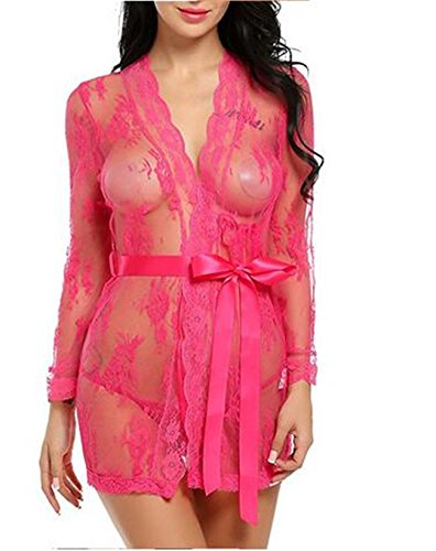 Boowhol Lingerie Damen Bademäntel Kimono Reizwäsche Sexy Transparent Blumen Spitze Neckholder Pyjama Große Größen Unterwäsche Nachtkleid Nachtclub Negligee mit G-String (XXL, Rose) von Boowhol