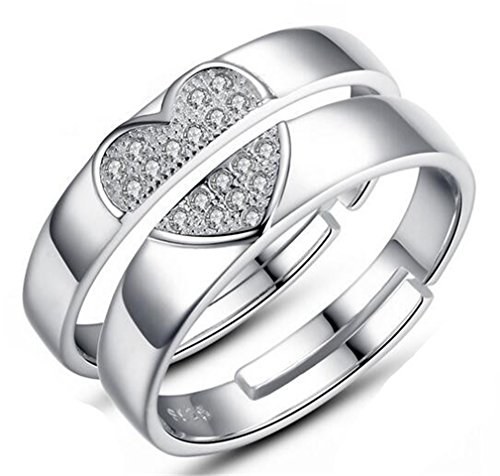BROWOL 1 Paare Trauringe Eheringe Hochzeitsringe Liebesringe Herzförmige Diamant-Paar Ringe 925 Sterling Silber Verstellbare Ringe für Männer und Frauen von BROWOL