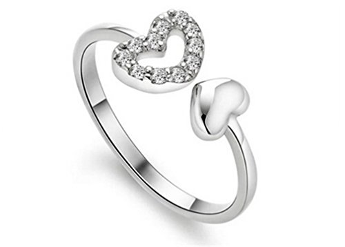 Boowohl Damen-Ring Freundschaftsringe Hohl glänzend Zirkon doppelte Herz Verlobungring Verstellbar Ring Ehering Zirkon 925 Sterling Silber Ringe zum Jahrestag von Boowhol