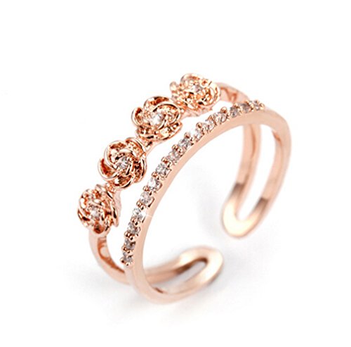 Boowohl Damen-Ring Partnerringe Hochzeitringe Ehering 925 Sterling Silber Diamant Hypoallergen Ringe Vier Rosen Blume Doppel-Ring Fingerring Eröffnungringe (Rose Gold) von Boowhol