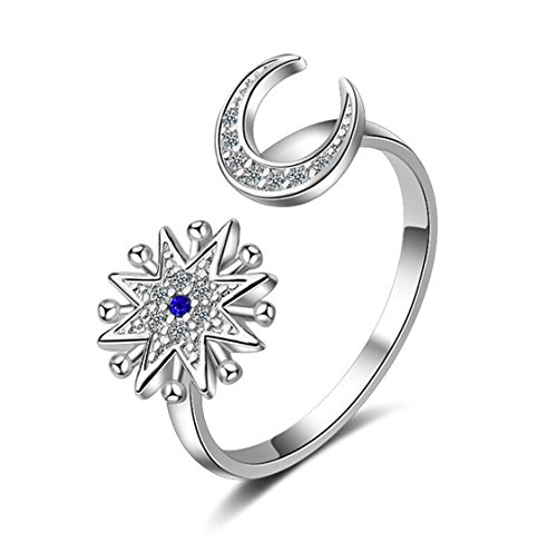 BROWOL Partnerschaftsringe Damen Ringe 925 Sterling Silber Verlobungsringe Öffnen Ring Mond Saphir 5A Zirkonia Mond und Sonne Romantik Liebe Blumen Sterne Silber Ringe von BROWOL