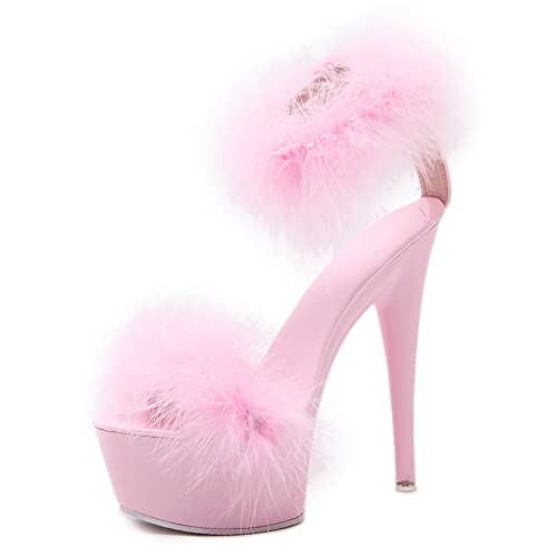 Bopchk Sandalen für Damen Modell High Heels Fein mit Sexy Schwarzen Plateau-Absätzen Ultra-High-Heel Furry Sandaletten,Pink, 38 von Bopchk