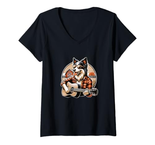 Damen Border Collie Country Musik Hund Mit Gitarre Bauernhof T-Shirt mit V-Ausschnitt Damen Border Collie Country Musik Hund Mit Gitarre Bauernhof T-Shirt mit V-Ausschnitt von Border Collie Country Musik Hund Gitarre Bauernhof
