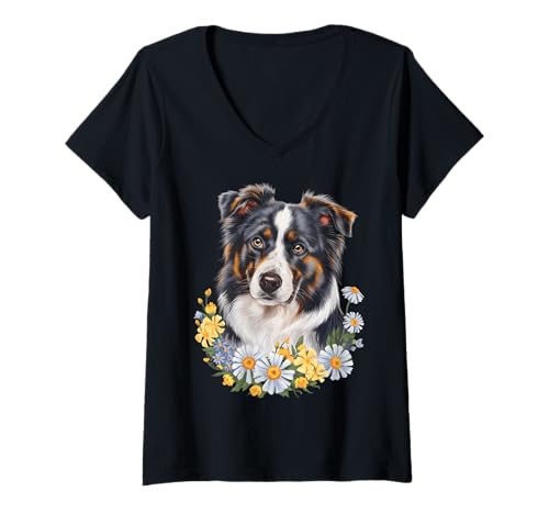 Damen Border Collie mit Blumenmuster T-Shirt mit V-Ausschnitt Damen Border Collie mit Blumenmuster T-Shirt mit V-Ausschnitt von Border Collie Design
