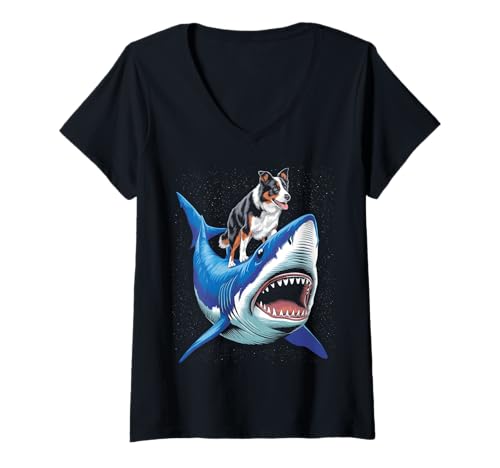 Damen Reiten auf einem Haifisch-Border-Collie T-Shirt mit V-Ausschnitt Damen Reiten auf einem Haifisch-Border-Collie T-Shirt mit V-Ausschnitt von Border Collie Design