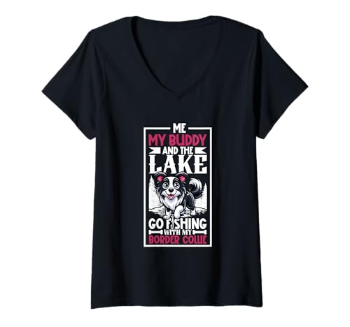 Damen Angeln und Border Collie T-Shirt mit V-Ausschnitt von Border Collie Designs