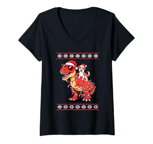 Damen Christmas Border Collie T-Rex Dinosaur Tyrannosaurus Rex T-Shirt mit V-Ausschnitt Damen Christmas Border Collie T-Rex Dinosaur Tyrannosaurus Rex T-Shirt mit V-Ausschnitt von Border Collie Dog Lover Gifts